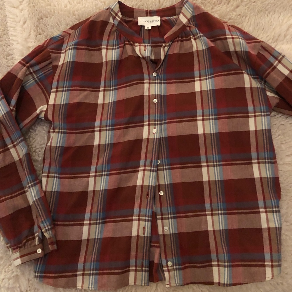 Beautiful French flannel collarless button down shirt